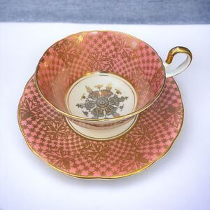 Vtg Aynsley Tea Cup & Saucer Pink w/ Gold Leaf and Gold Trim